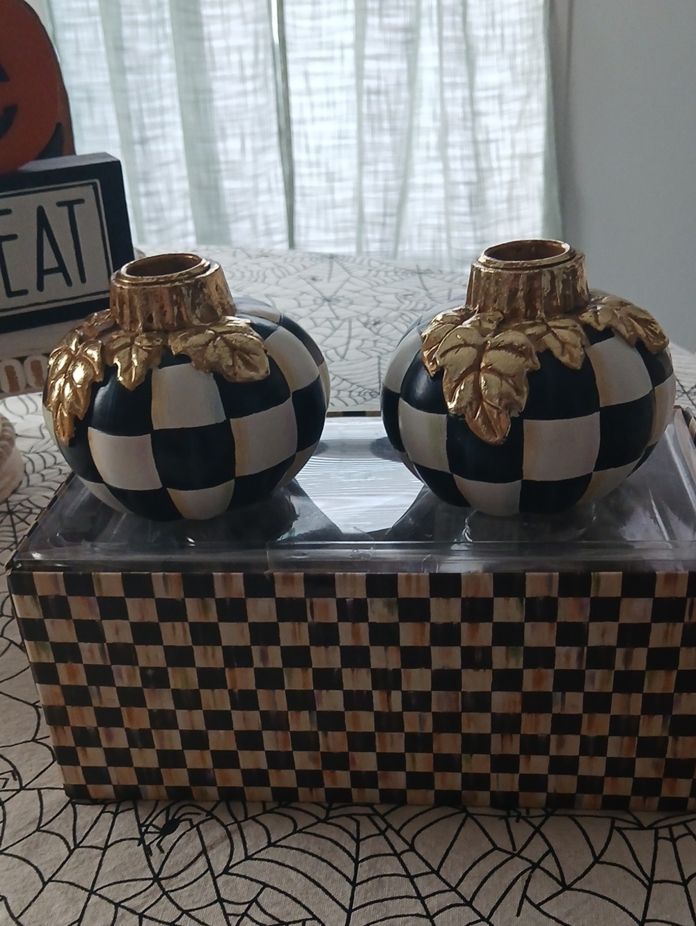 MacKenzie-Childs Black and White Checkered Vases with Gold Leaf Accent